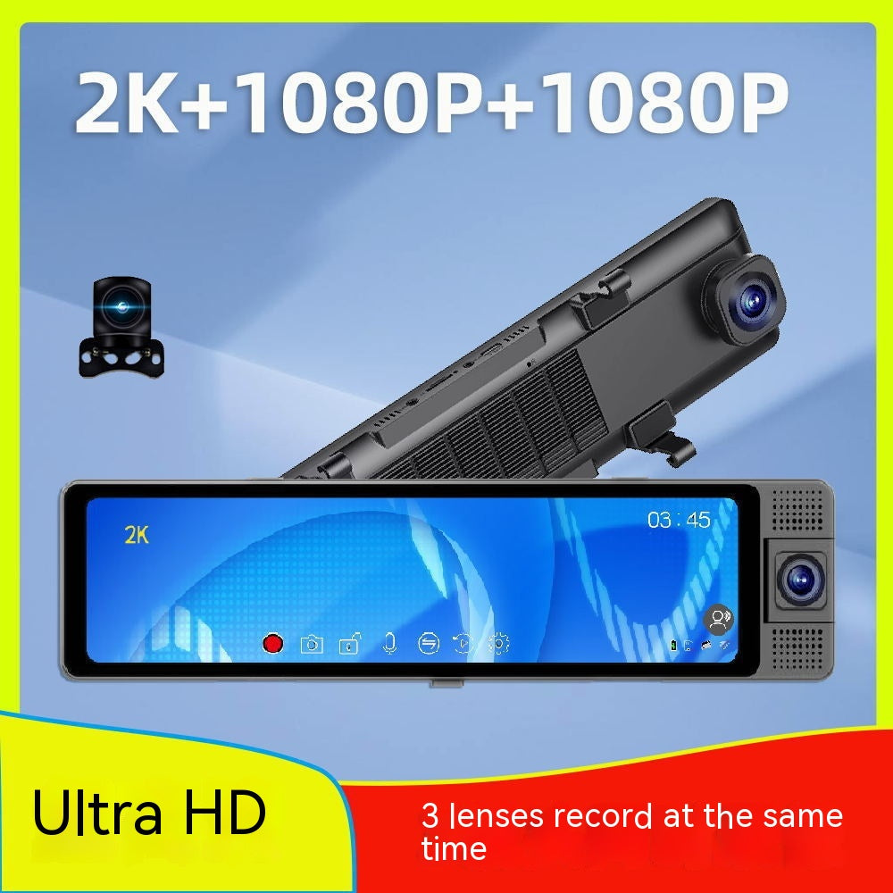 12-inch Triple Camera Car Dash Cam 2K HD Mirror Recorder Voice Command