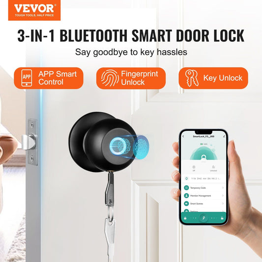 VEVOR Smart Door Knob, Biometric Door Lock Bluetooth Smart Lock,