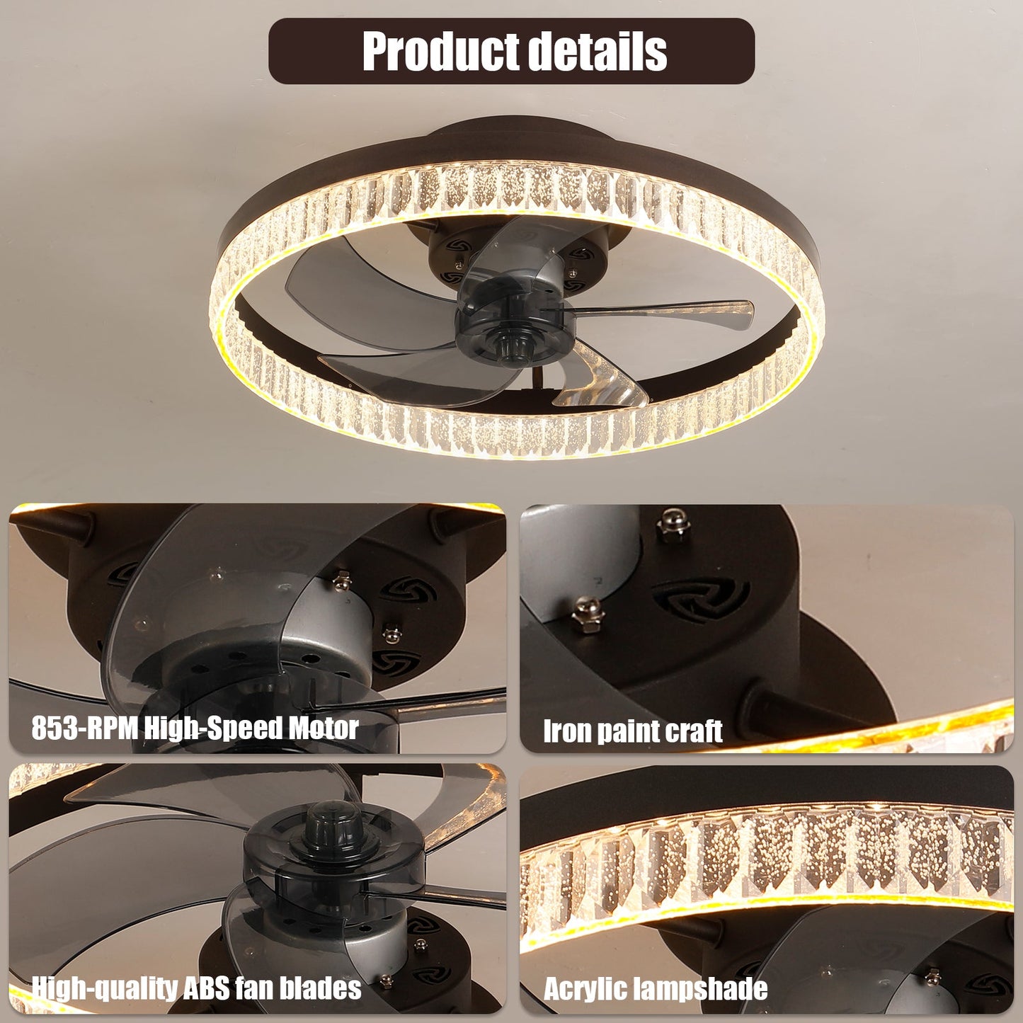 Ceiling Fans with Lights, Minimalist Ring Led Chandelier Fan with