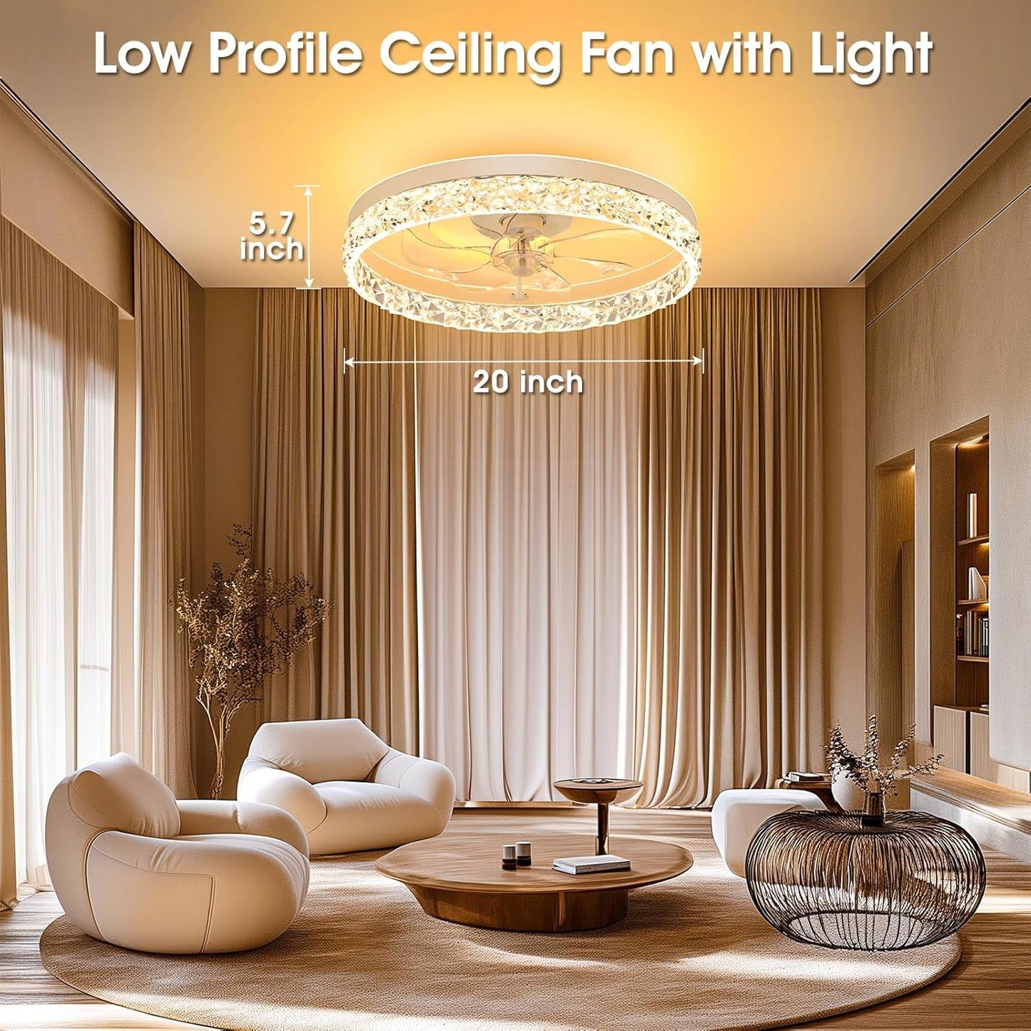 Low Profile Ceiling Fans with Lights and Remote, 20 Inches LED Ceiling