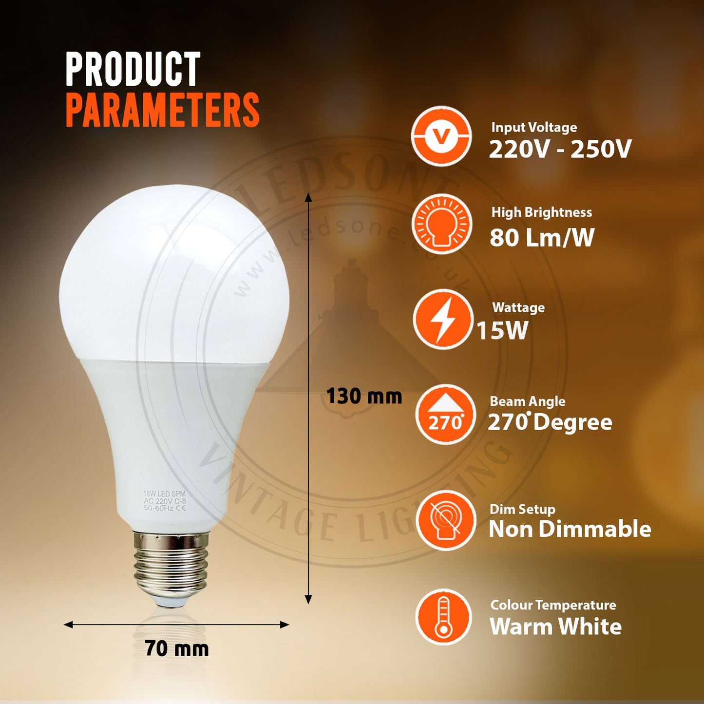 LED GLS Bright Light E27 15W Bulb Non-Dimmable Warm White Light Bulb