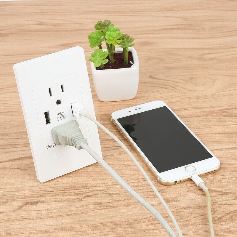 Dual USB Wall Outlet Port 15A Power Socket Charger AC Receptacle Plate