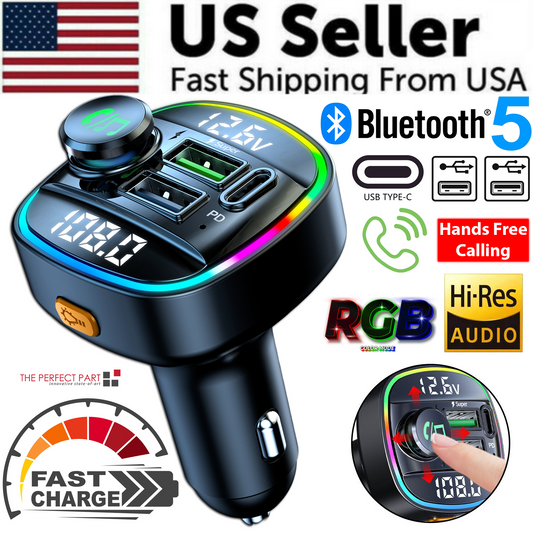 Bluetooth 5.0 Car Wireless FM Transmitter Adapter USB PD Charger AUX