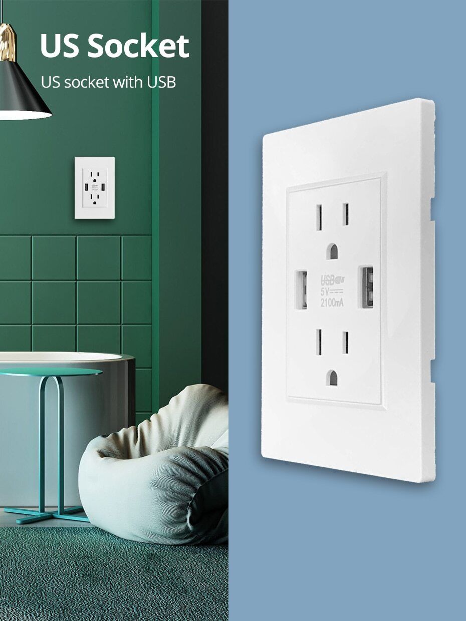 Dual USB Wall Outlet Port 15A Power Socket Charger AC Receptacle Plate