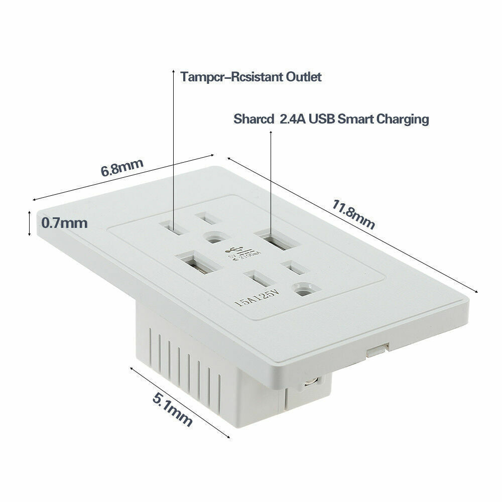 Dual USB Wall Outlet Port 15A Power Socket Charger AC Receptacle Plate