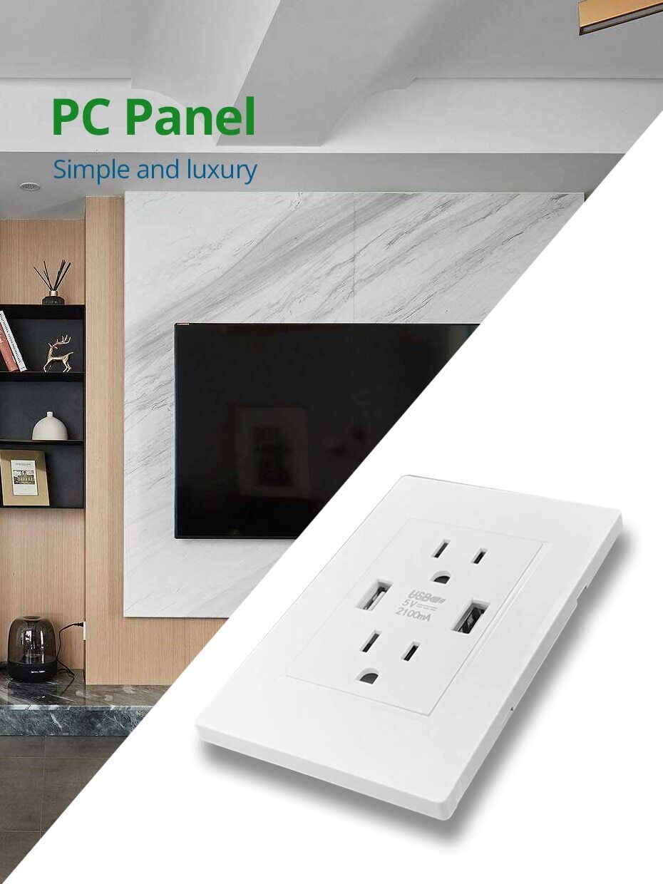 Dual USB Wall Outlet Port 15A Power Socket Charger AC Receptacle Plate