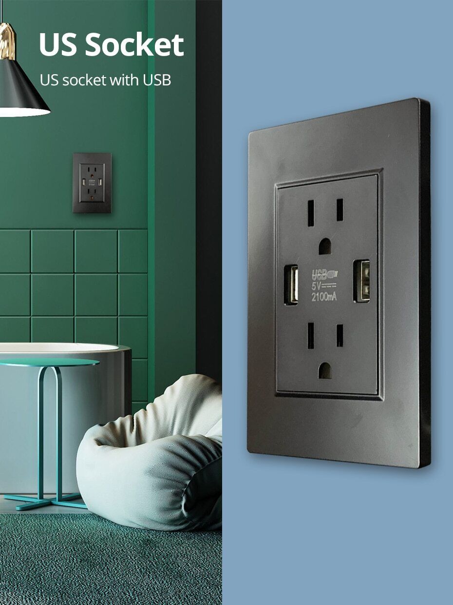 Dual USB Wall Outlet Port 15A Power Socket Charger AC Receptacle Plate