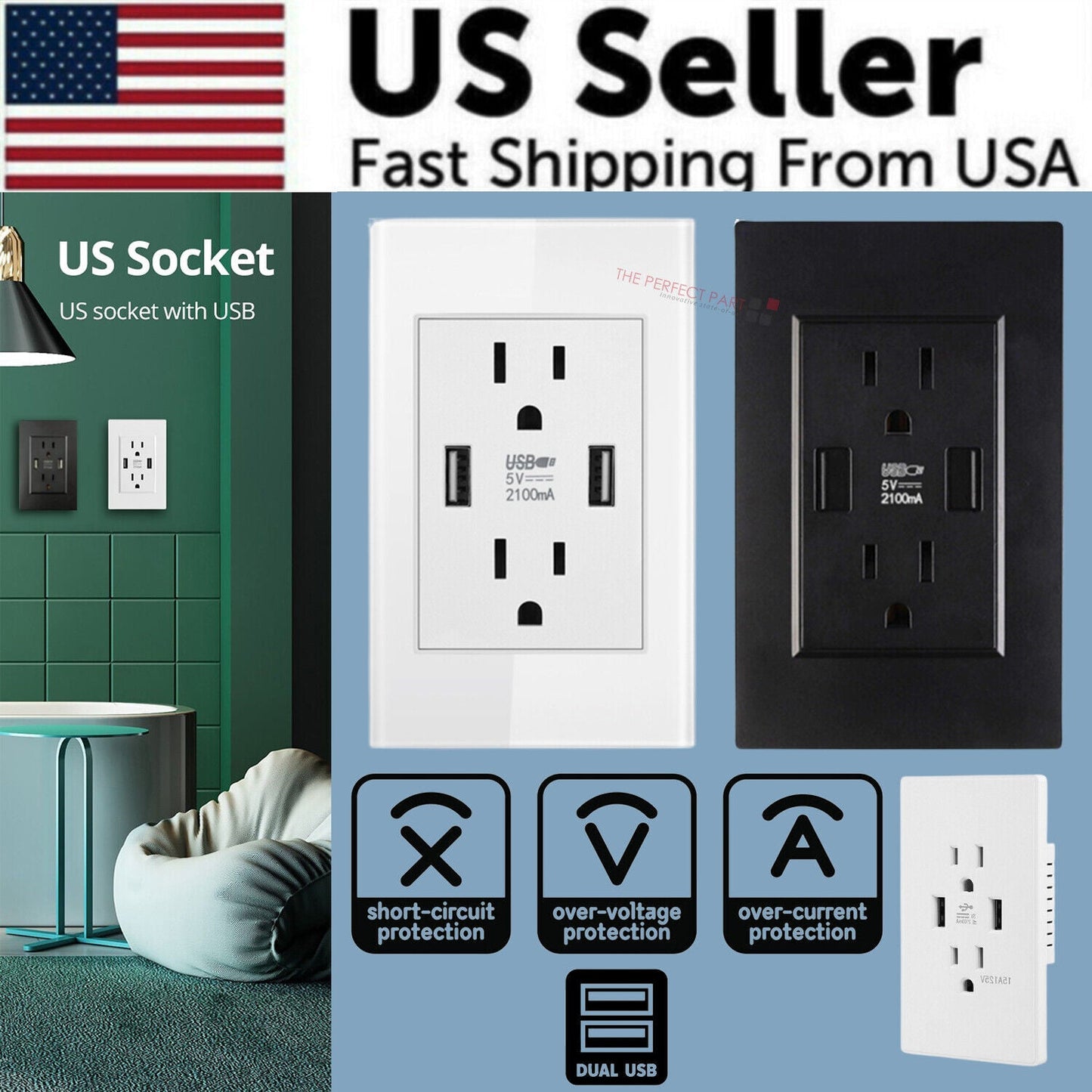 Dual USB Wall Outlet Port 15A Power Socket Charger AC Receptacle Plate