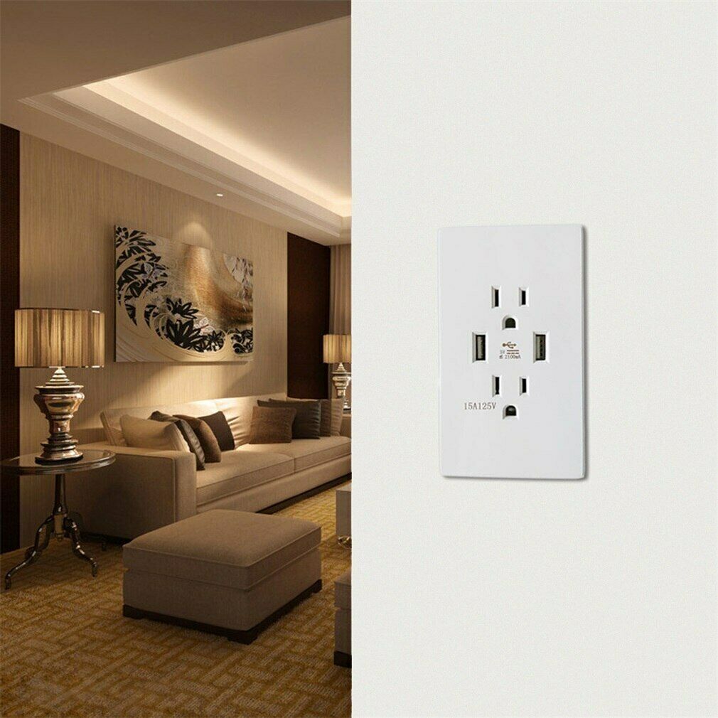 Dual USB Wall Outlet Port 15A Power Socket Charger AC Receptacle Plate