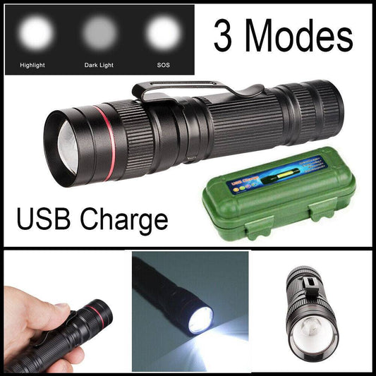 Rechargeable LED Torch with 3 Modes Zoomable Light USB Charging Gift