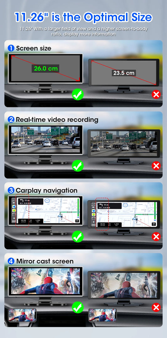 10/11.26 inch Dash Cam 4K Car DVR Wireless Carplay & Android Auto GPS