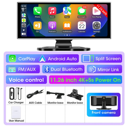 10/11.26 inch Dash Cam 4K Car DVR Wireless Carplay & Android Auto GPS