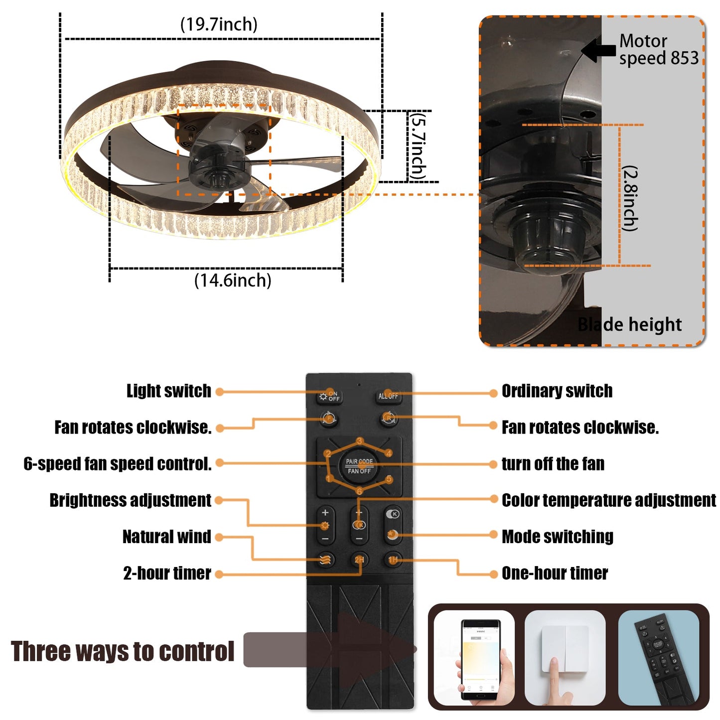 Ceiling Fans with Lights, Minimalist Ring Led Chandelier Fan with