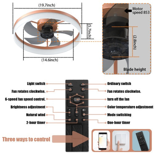 Ceiling Fan With Light Dimmable LED Recessed Mount Slim Modern Ceiling